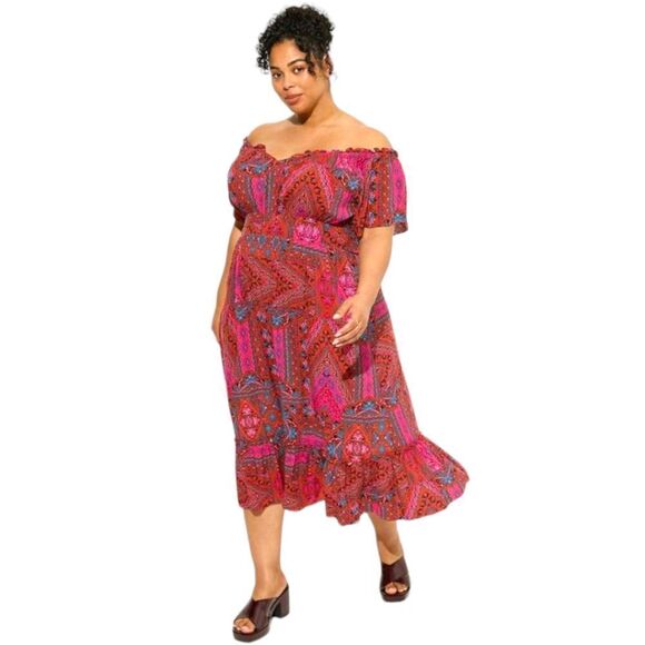 TORRID TEA LENGTH boho challis off shoulder peasent dress 2X - Picture 5 of 16